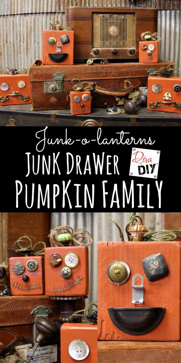 DIY Halloween Decorations made out of recycled materials. It's like Mr. Potato Head for pumpkins. Great for Vintage Halloween decorating! Junk-O-Lanters!