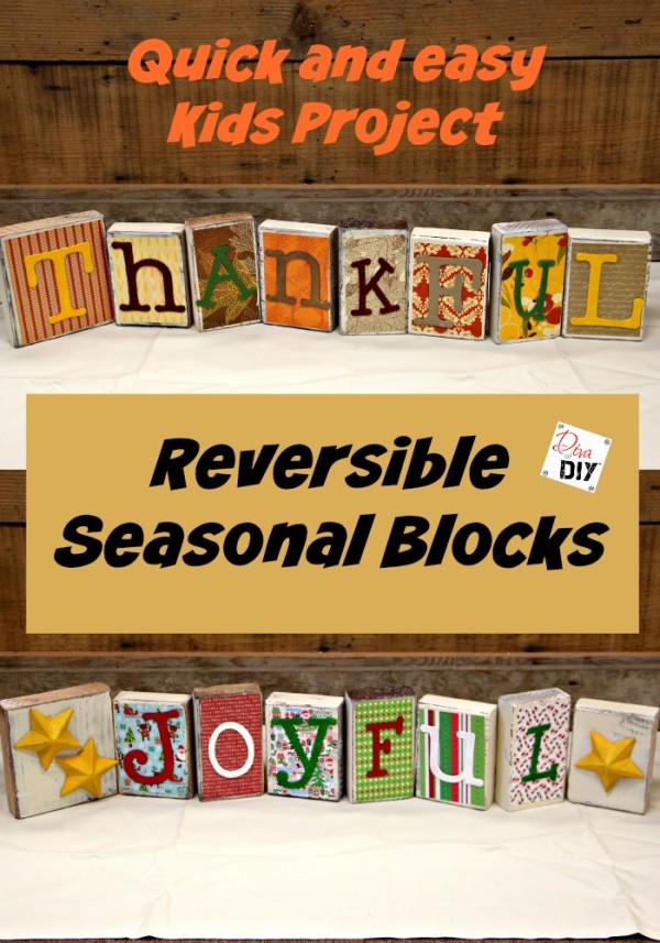 These reversible blocks make the perfect seasonal decorations! Thanksgiving decorations on one side and christmas decorations on the other! Great kids craft