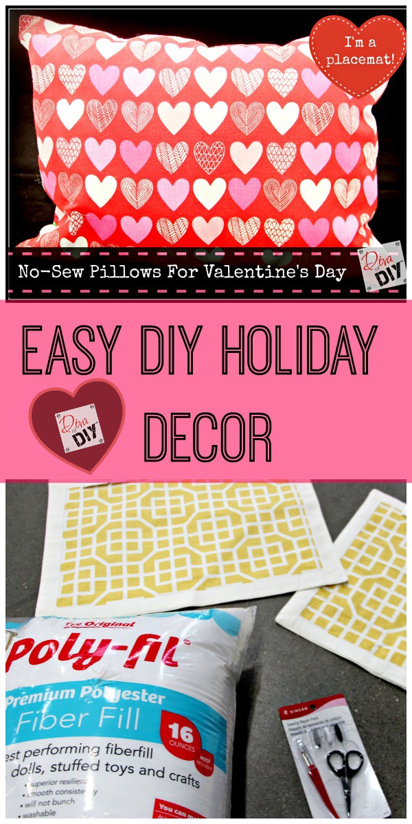 Don't sew? These No Sew Pillows are a quick and easy way to create Valentine's Day decor from a fabric placemat! Quick and Easy Valentine's Day Decorations