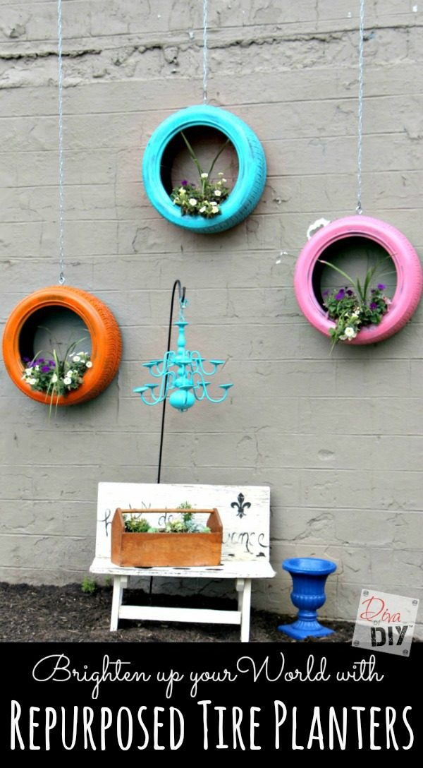 These Tire Planters will make a great conversation piece in your space! An easy bright tire upcycling DIY project that will add fun to your outdoor decor!