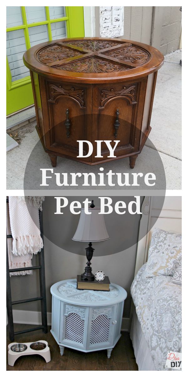 Create a furniture pet bed DIY! Yep, pet beds made out of furniture end tables! This homemade pet bed can be painted to match your home decor for any room!