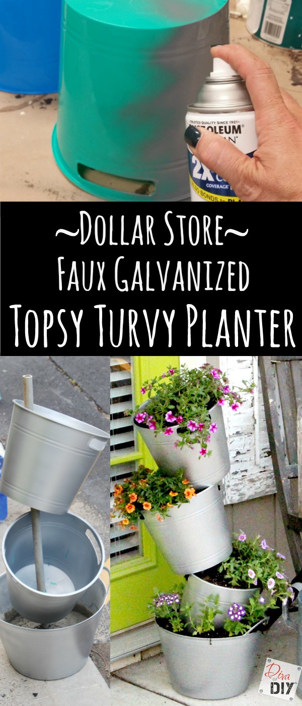 How do you make this topsy turvy flower pot for a fraction of the cost? Check out this Faux galvanized bucket flower pot made with dollar store supplies!