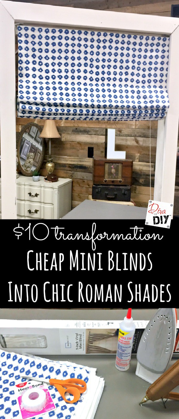 Who says a fabric window treatment has to be expensive! Make these mini blinds into DIY roman shades. It's an easy project no sew window treatment project!