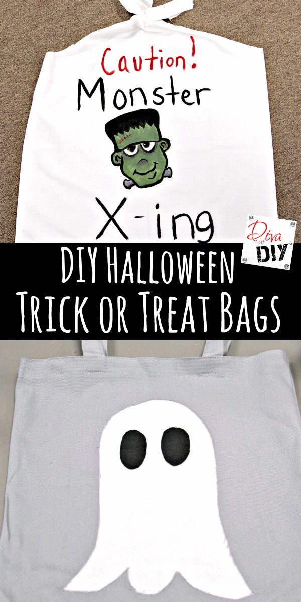 2 DIY Trick or Treat Bags for kids to decorate! Make your own bag from a pillow case or decorate bag with a no sew appliqué. Homemade treat bags w/o sewing!