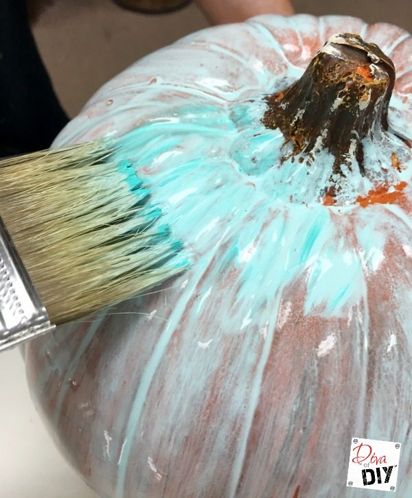 Learn how to create a DIY oxidized patina finish effect with acrylic paint to make your faux pumpkin look amazing! An easy tutorial can be done for pennies!