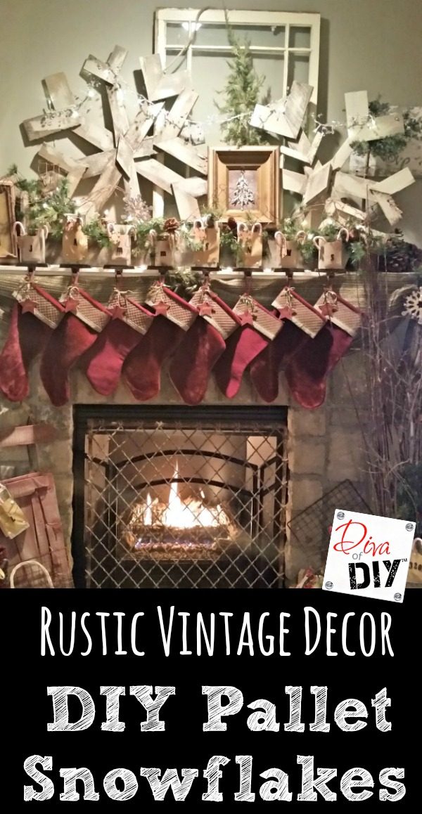 DIY Pallet Snowflake are the perfect addition to your rustic Christmas decorating! The are amazing Rustic fireplace mantle decorations that last all winter!