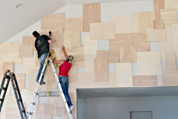 Accent wall idea using Purebond plywood. Perfect way to decorate a large accent wall in living room or dining room. This unique plywood wall idea is a show stopper!