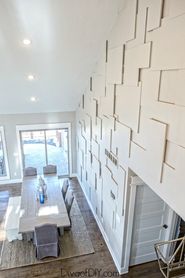 Accent wall idea using Purebond plywood. Perfect way to decorate a large accent wall in a large room. This unique plywood wall idea is a show stopper!