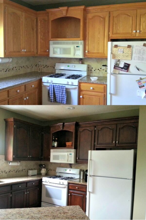 how to gel stain cabinets before and after | Diva of DIY